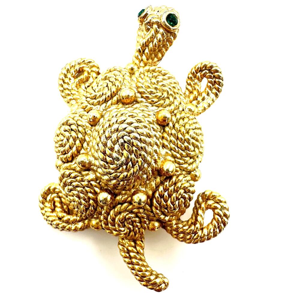 Napier vintage gold tone twisted rope green rhinestones turtle figural brooch
